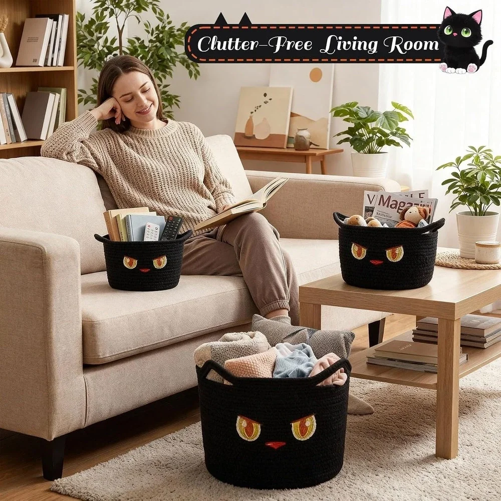 Acellegic 3 Pcs Black Cat Toy Basket with Cute Ears Cotton Rope Woven Baskets